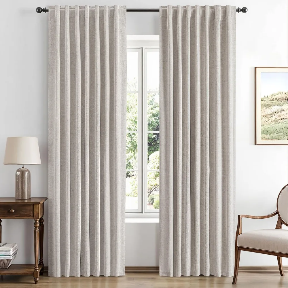 

100% Blackout Linen Curtains for Bedroom, Ivory Solid Luxury Decor Thermal Insulation Room Darkening Drapes for Living Room Nursery Back Tab Rod Pocket 42 x 84 Inches, 2 Panels