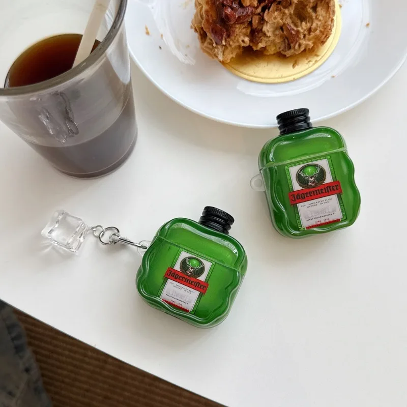 Funda protectora suave para AirPods Pro/1/2/3, diseño de botella de licor verde 3D, bonita funda antideslizante para auriculares antiarañazos