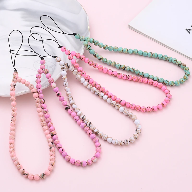 Fashion Colorful Round Natural Stone Mobile Phone Chain Anti-Loss Telephone Chain Phone Lanyard For Unisex Jewelry Accessory