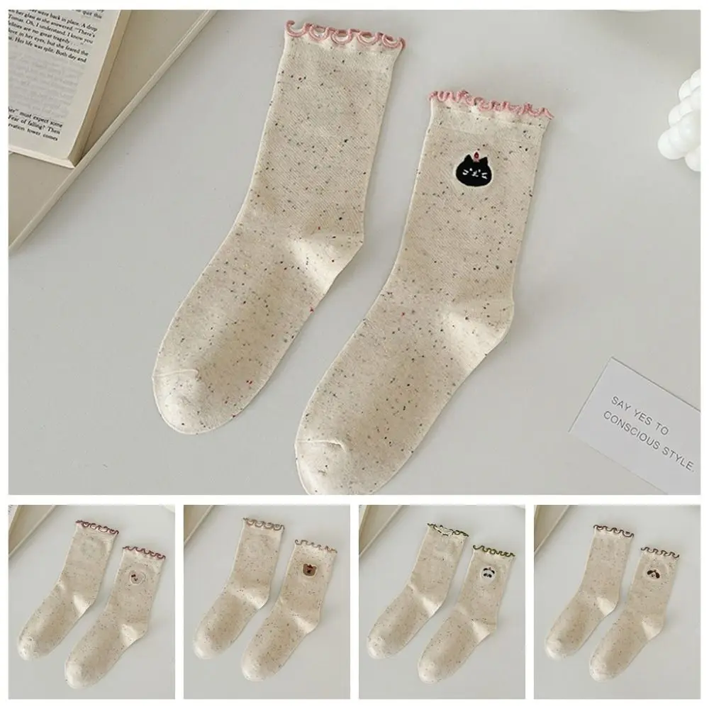 5Pairs Sweat Absorbent Cat Ruffled Socks Women Dots Embroidery Mid-calf Cotton Socks Novelty Ins Style Cartoon Tube Socks Summer