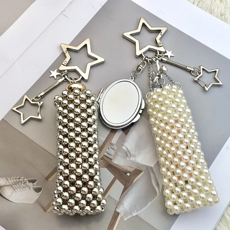 Beaded Lipstick Holder Keychain Pearl Woven Pouch Mini Bag Charm Star Keyring For Women Girls Portable Cosmetic Accessories