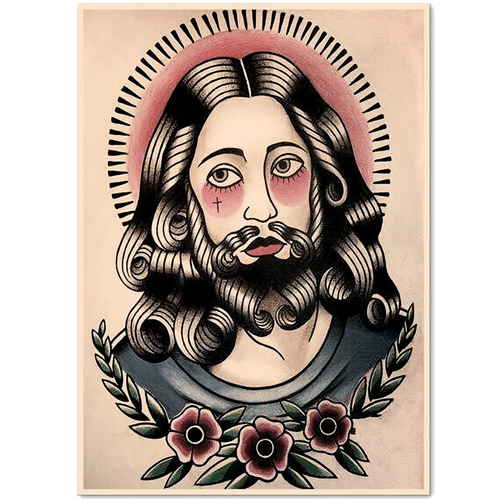 Jesus Tattoo Art Posters and Prints Wall Hanging Pictures Vintage Kraft Paper Inkjet Print Painting Bedroom Living Room Decor