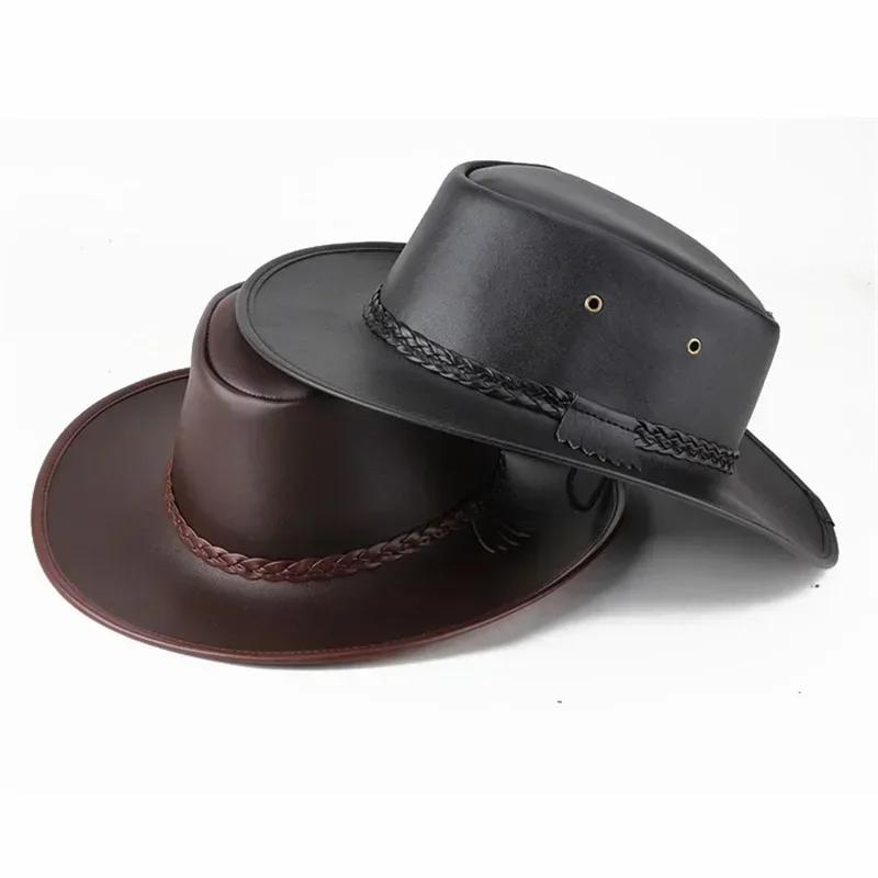 2025Combhasaki Cappelli da cowgirl western da uomo con cordino regolabile in pelle artificiale a tesa larga moda outdoor unisex parasole