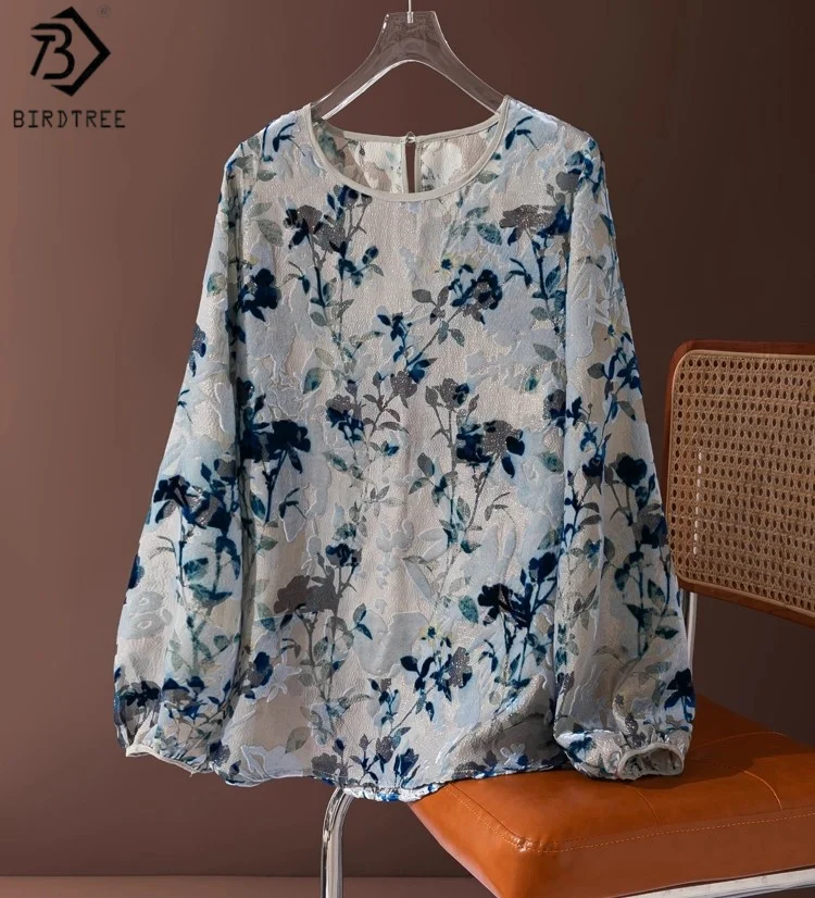 

Birdtree 62.6% Silk 14.1% Nylon Blue Shirt,Women Velvet Flower Lantern Sleeve O-neck Summer Loose Blouse Top T58704JF