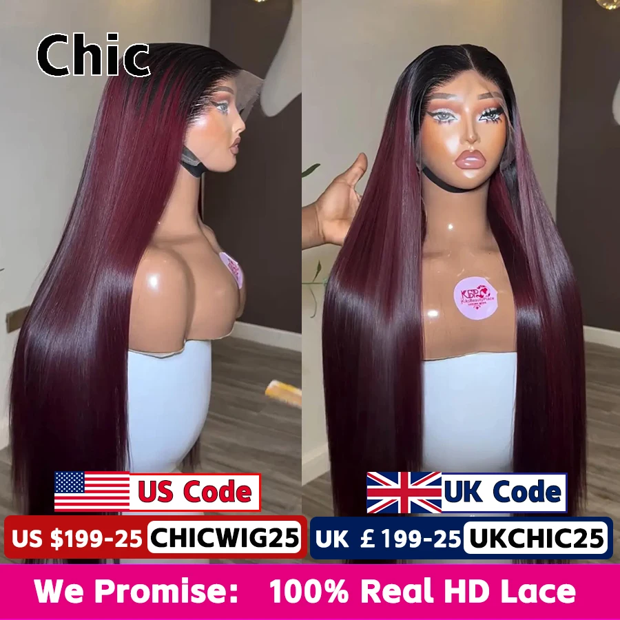Gd Chic Wig 13x6 HD Lace Frontal Wig Human Hair 250% Density 1B/99J Burgundy Straight Ombre Lace Front Wig Pre Plucked for Women