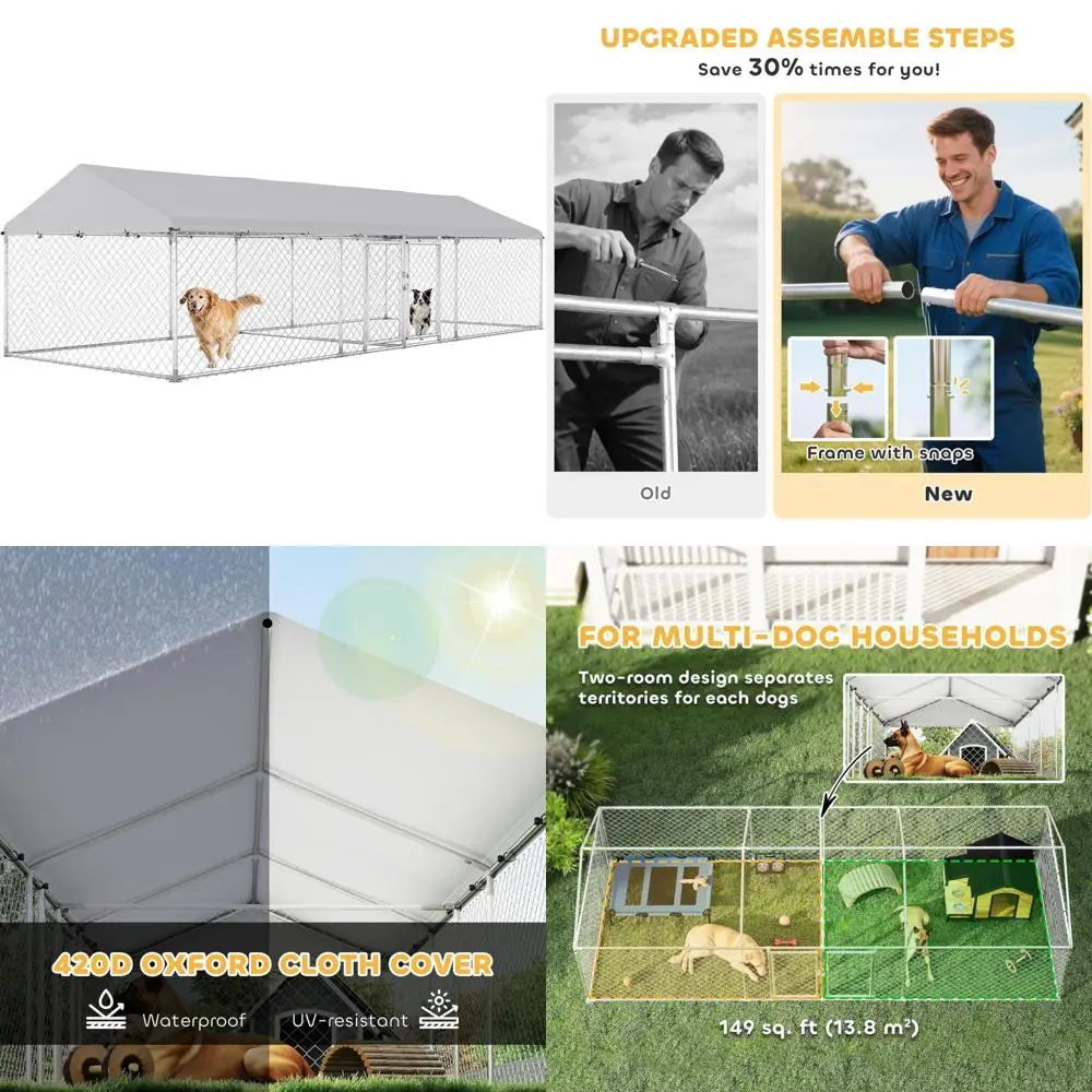 

Large Heavy-Duty Waterproof Roof Dog Kennel, 20x7.5x5.2 Feet, Two-Room Outdoor Enclosure with Galvanized Chain for Large Dogs