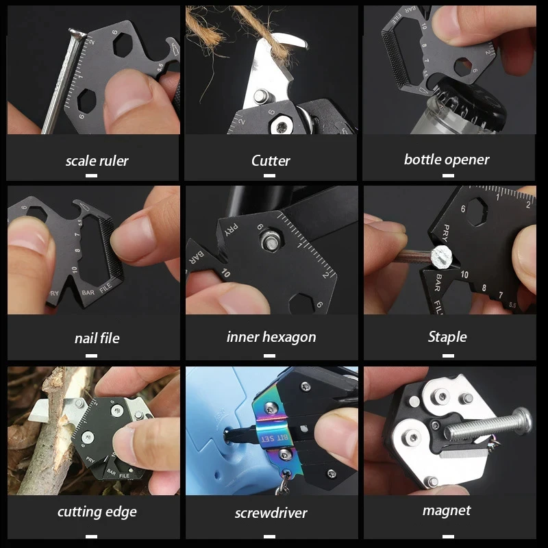 Imagem -05 - Multifuncional Hexagon Coin Keychain Ferramenta de Sobrevivência ao ar Livre Edc Canivete Chave de Fenda Dobra Dobrável Mini Engrenagem