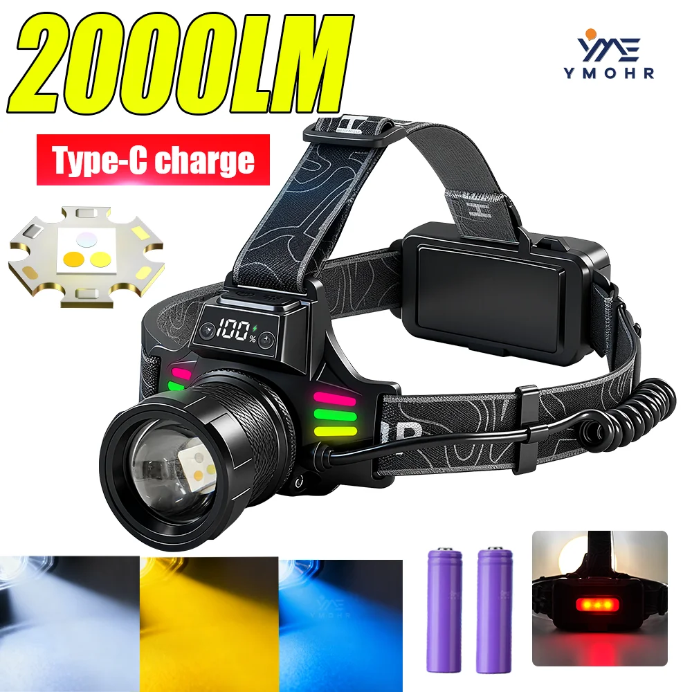 High Power Headlamp LED Rechargeable Head Torch 18650 Zoomable White Blue Yellow Light Hunting Fishing Climbing Head LED Light