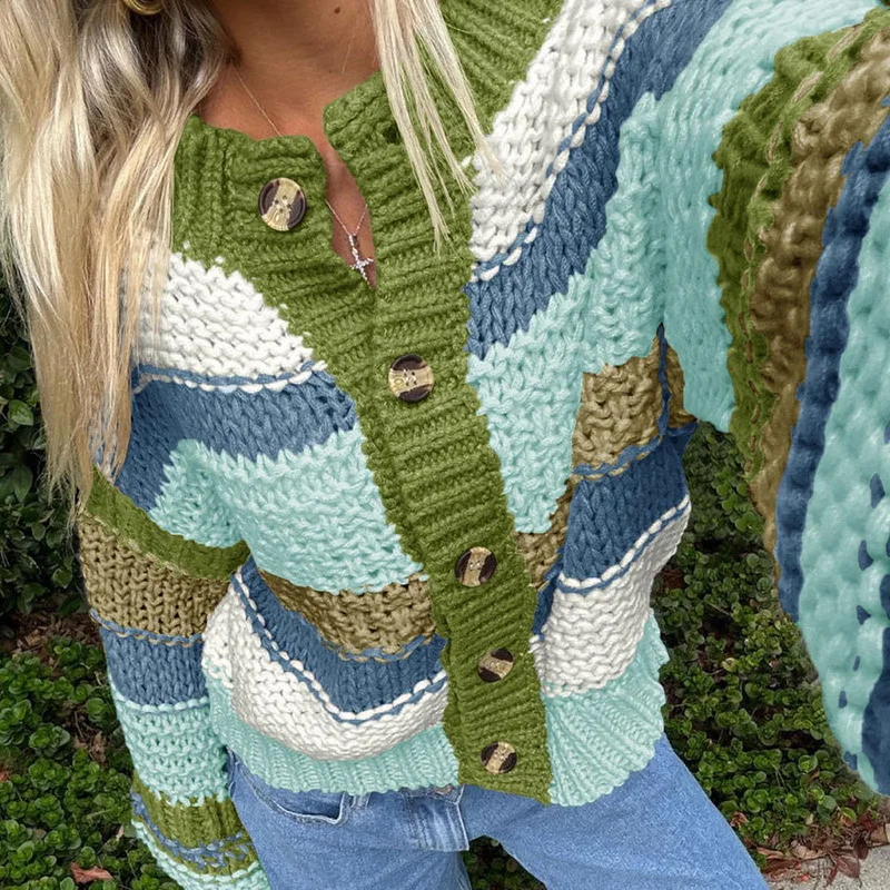 Neue 2025, lässig Oansatz Langarm Pullover Elegante Warme Lose Gestrickte Pullover Gestreiften Kontrast Taste Herbst Winter Pullover