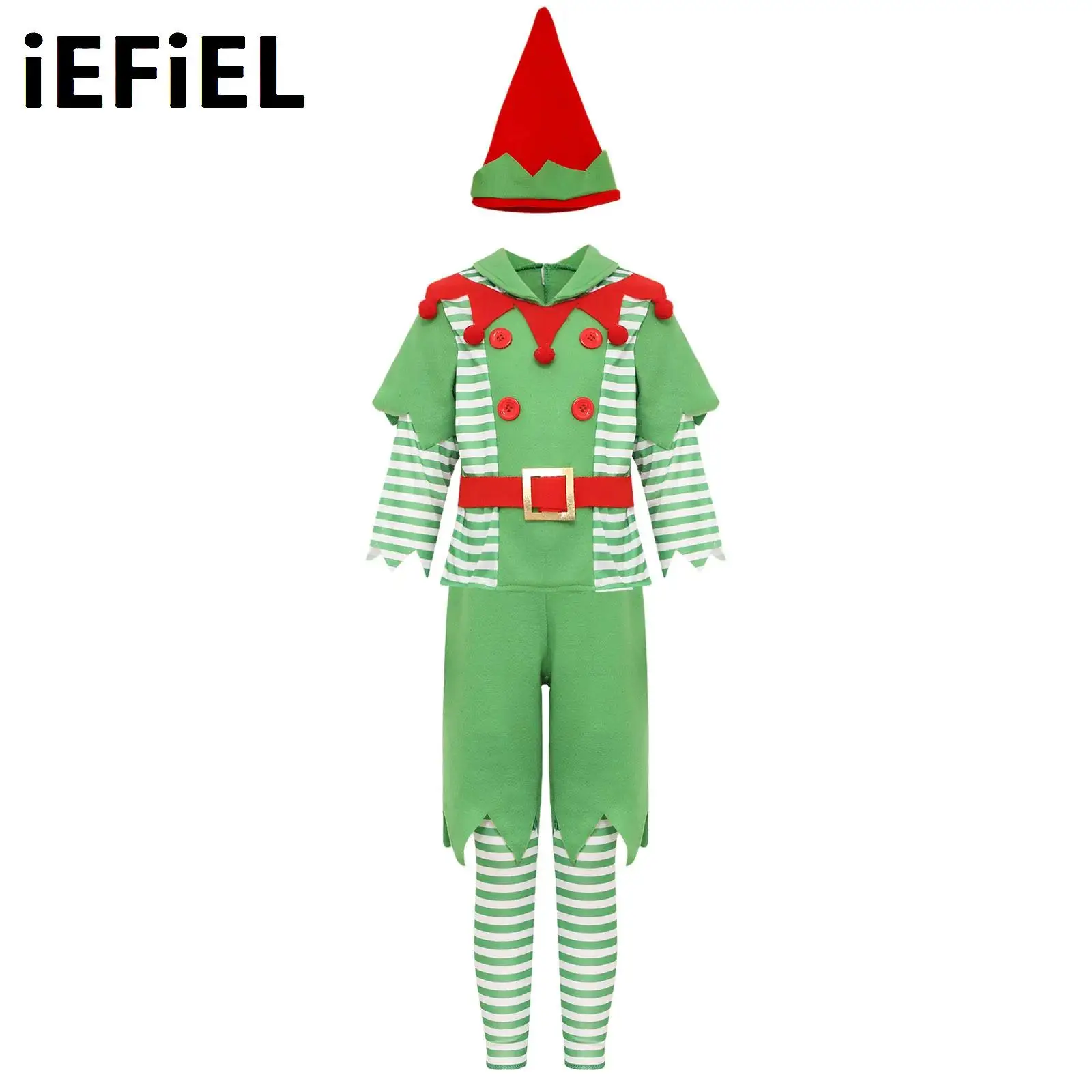 

Kids Velvet Christmas Elf Costume Christmas Costume Outfit Long Sleeve Tops with Shorts Hat Waistband And Leg Warmer Costume Set