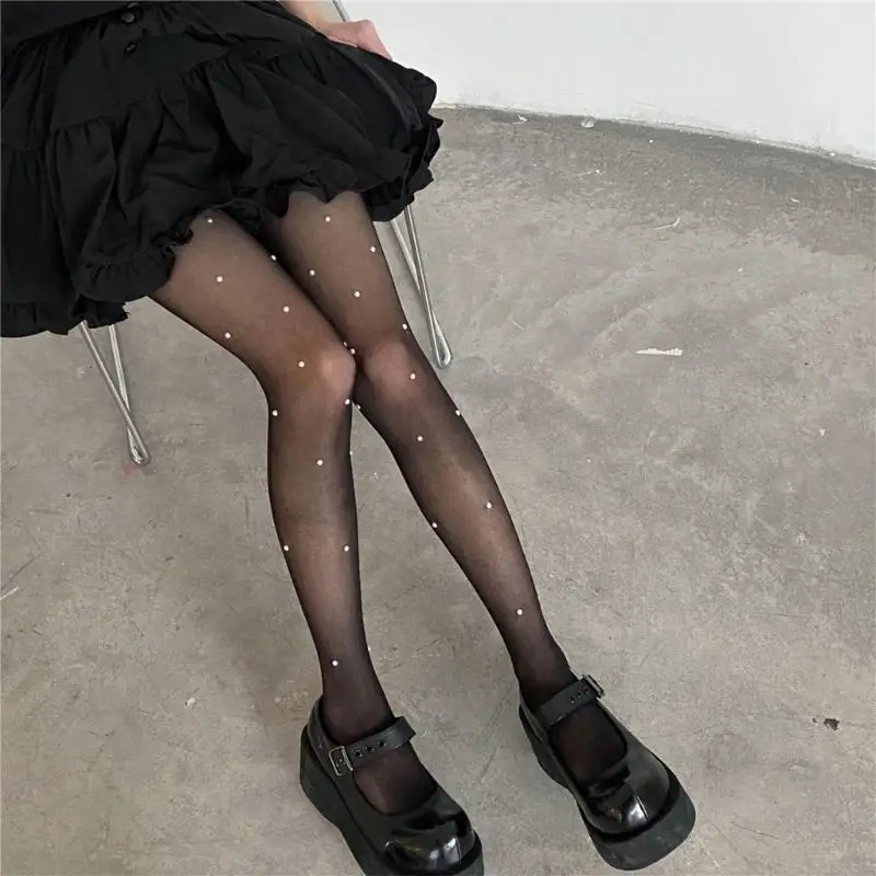 L5YC Women Sexy See Through Pantyhose Pearls Beaded Silky Tights Stockings Clubwear