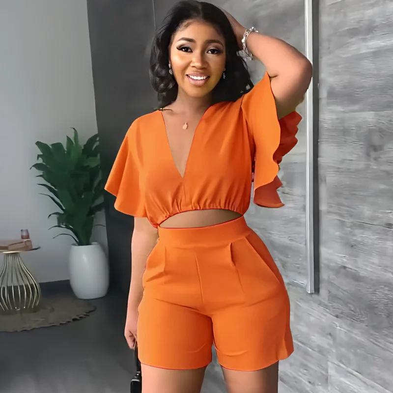 Fashion Two Piece Set Women Sexy V Neck Ruffles Sleeve Crop Top & Pockets Shorts Suit 2023 Summer Street Solid Tracksuit Outfits