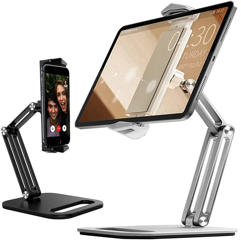 Adjustable Tablet Stand with 360 Rotating, Ergonomic Tablet Riser for Work, Dual Rotary Shaft Fully Foldable for Easy Storage