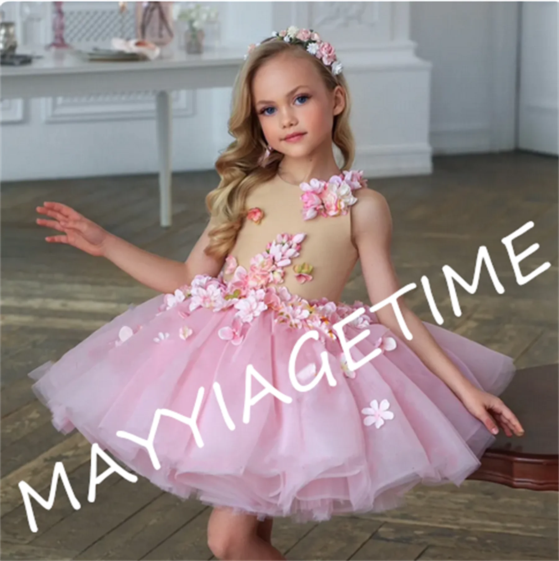 Cute Pink Girls Dress with 3D Flowers Tutu Tulle Dress Nude Top Party Gowns Birthday Dress