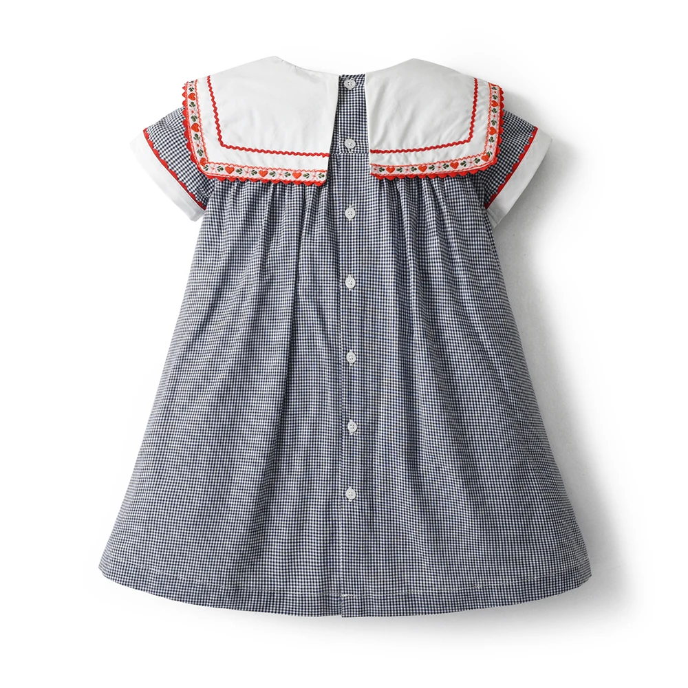 Vintage Dress Girls Kids Boutique Embroidery Square-cut Collar Plaid Dresses Girl Children Seven Sleeves Frocks Casual Clothing