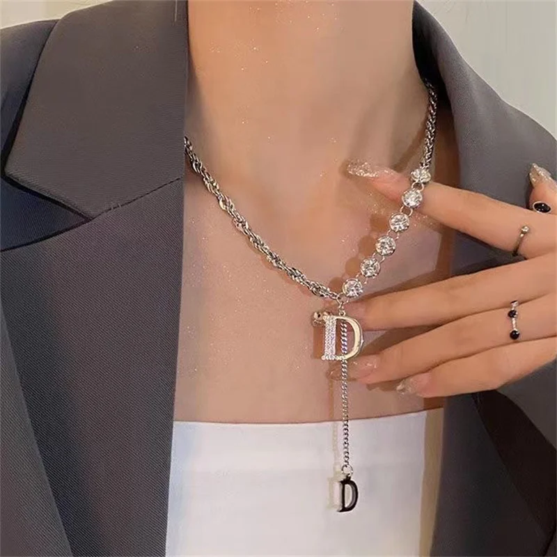 Sparkling Zircon Letter D Pendant Necklace Female Ins Trend Light Luxury Niche Design Hip Hop Sweater Chain Metal Neckchain