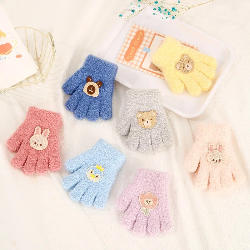 Thick Velvet Children Gloves Cold Resistant Warm Kids Split Finger Gloves Cute Cartoon Bear Glove Winter Baby Mittens 1-3year