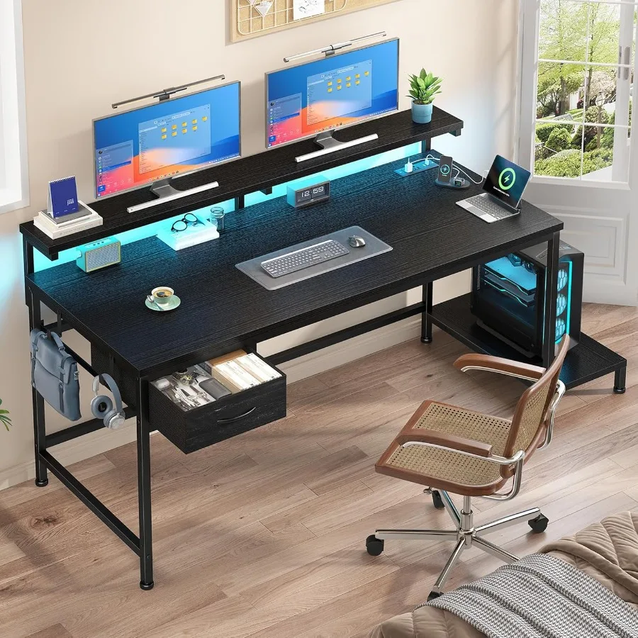 39.3 Adjustable Gaming Desk with Builtin Power Outlet and Ambient LED Lights Compact Computer Desk Featuring HeightAdjustable M