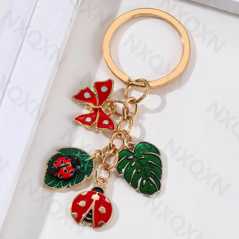 Cartoon Big Leaves Butterfly Ladybug Enamel Keychain Insect Plant Key Ring For Women Men Lovely Gift Handmade Jewelry Set