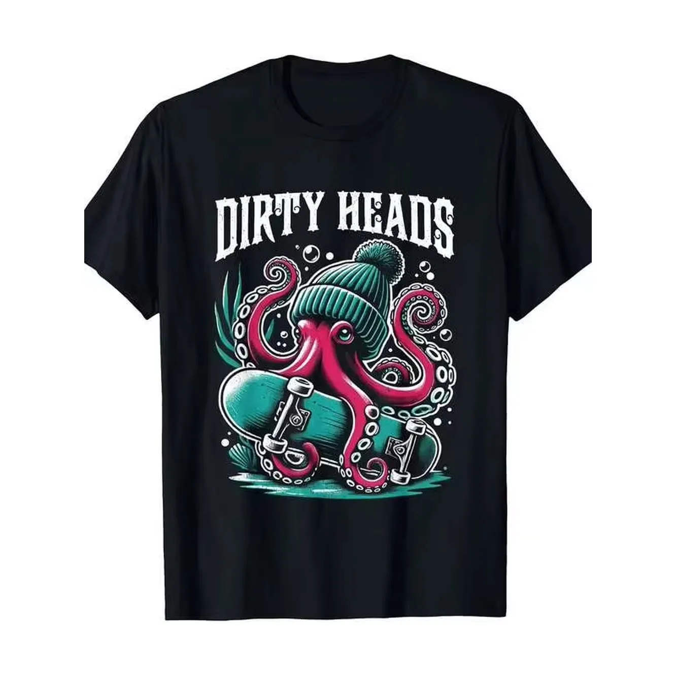 Camiseta gráfica vintage Dirty Heads para hombre - Diseño retro negro con logotipo de pulpo y skateboarding, con gorro y arte de skate, letras blancas llamativas, camiseta informal de manga corta con cuello redondo para hombre, para todas las estaciones, ropa de la cultura skate