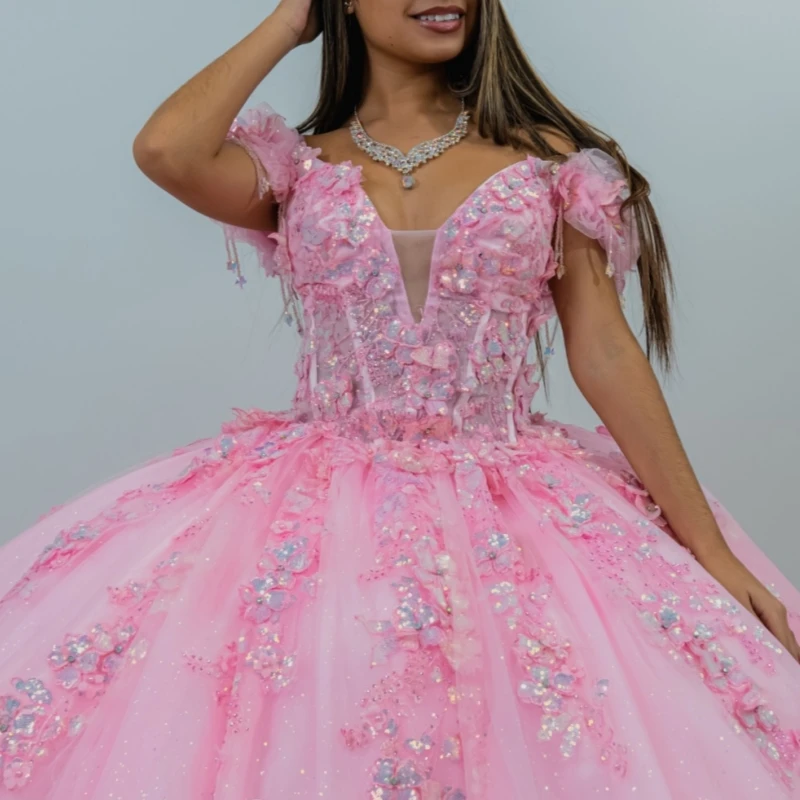 فساتين Quinceanera الوردية اللامعة ثوب الكرة قبالة الكتف زين الدانتيل الخرز تول مشد الحلو 16 فستان Vestidos De 15 Anos