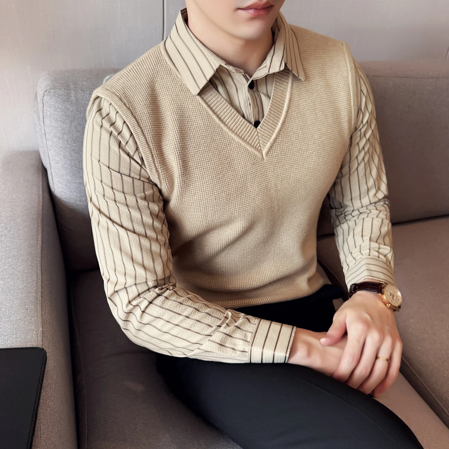 

Модный поддельный свитер из 2 предметов, мужской осенне-зимний деловой повседневный полосатый мужской свитер с длинными рукавами, облегающий свитер Pull Homme 4XL