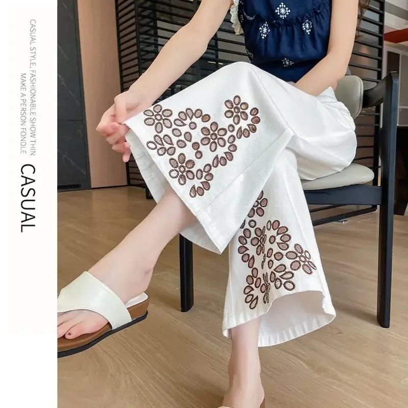 夏 Y2K ストレートレッグ クロップドジーンズ レディース ダメージ加工 レース刺繍 ホローデザイン パンツ おしゃれ トレンド