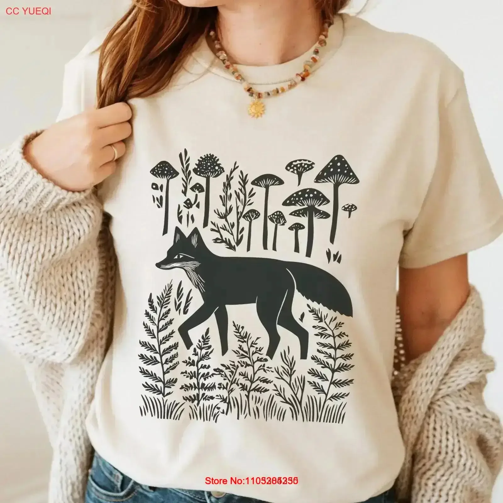 Cottagecore Fox And Mushrooom T Shirt Folklore Forest Lino PrinT Vintage Forestcore Folk Art Linocut Washed Casual vintage Soft