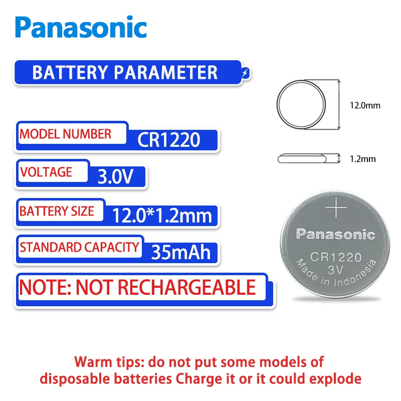 Panasonic 5PCS CR1220 35mAh 3.0V Button Battery Suitable for DSLR Kia Yueda Car Key Remote Control Quartz Watch Non-rechargeable