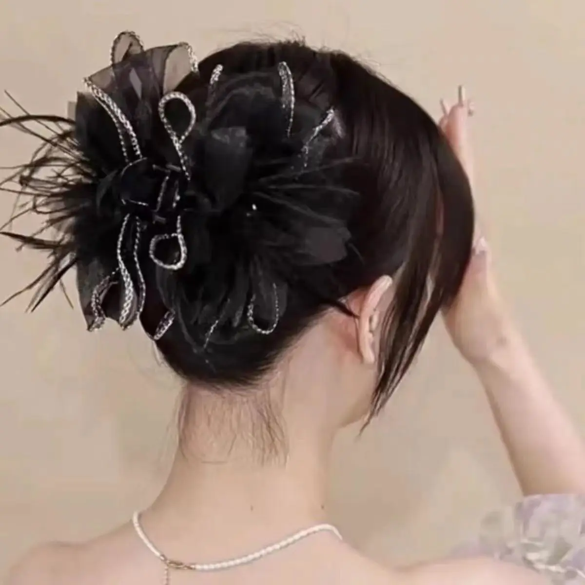 Mesh Lace Black Feather Ribbon Bow Hair Claws Hairpin Big Bowknot Ponytail Holder Hair Clips Pin Hair Accessories for Women