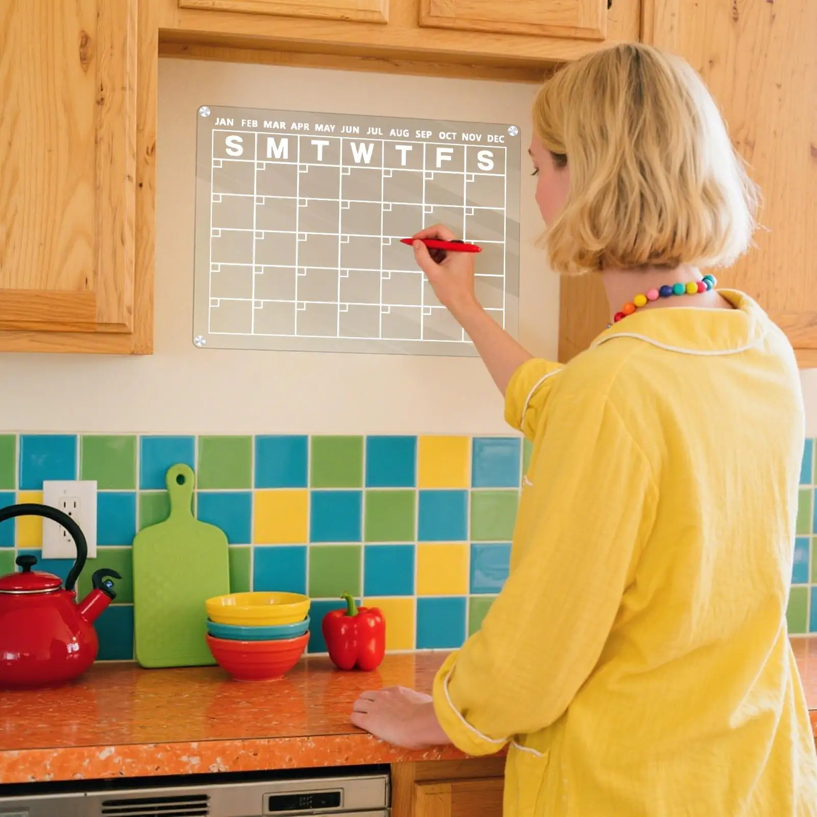 냉장고용 투명 캘린더 냉장고 캘린더 투명 건식 지우기 보드 일정 화이트보드(냉장고용 마커 6개 포함) 식료품 목록