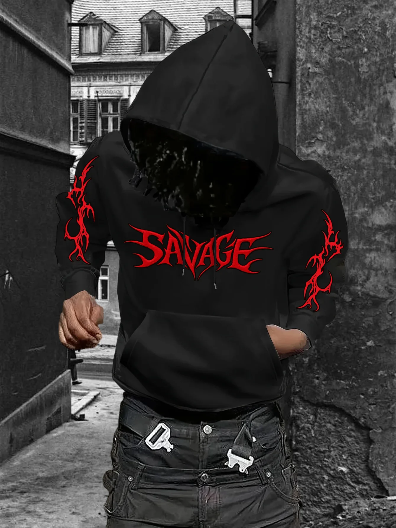 Men Hoodie Sweatshirt Gothic Savage Letter Graphic Sleeve Flame Printed Long Sleeve Pocket Drawstring Autumn Winter Streetwear