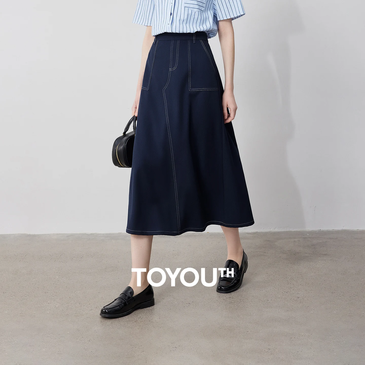 TOYOUTH Women Skirts 2026 Summer New Workwear Style Pear Shape Slimming Stitched Pockets A Line Midi Skirt
