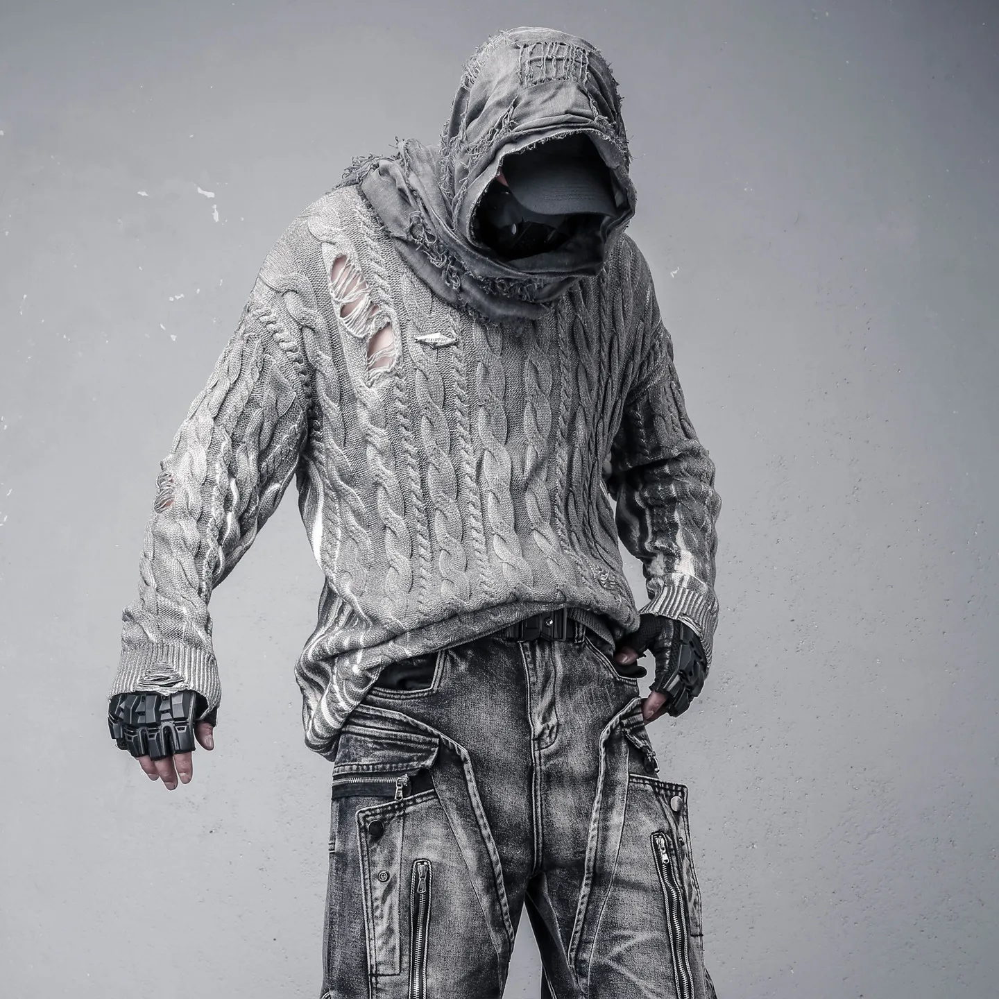 Designer American Fashion Ripped Dirty Design Tassel Oversize Cable-Knit Sweater Loose Sweater Men