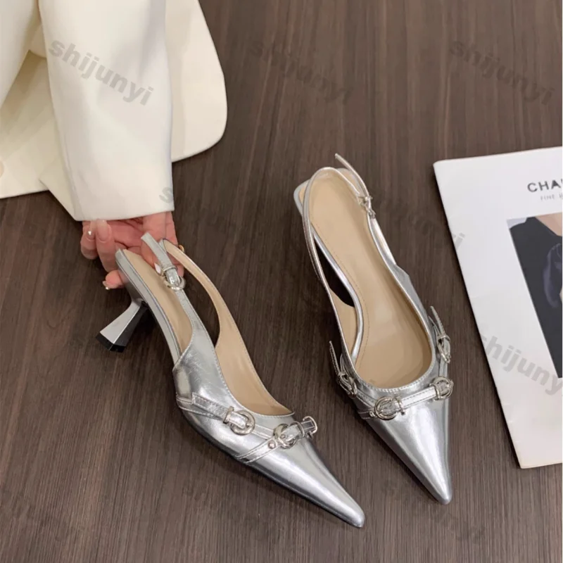 

Women's Fashion Pointy High Heels Summer New Belt Buckle Thin Heel Single Shoes Women Baotou Silver Empty High-heeled Sandals