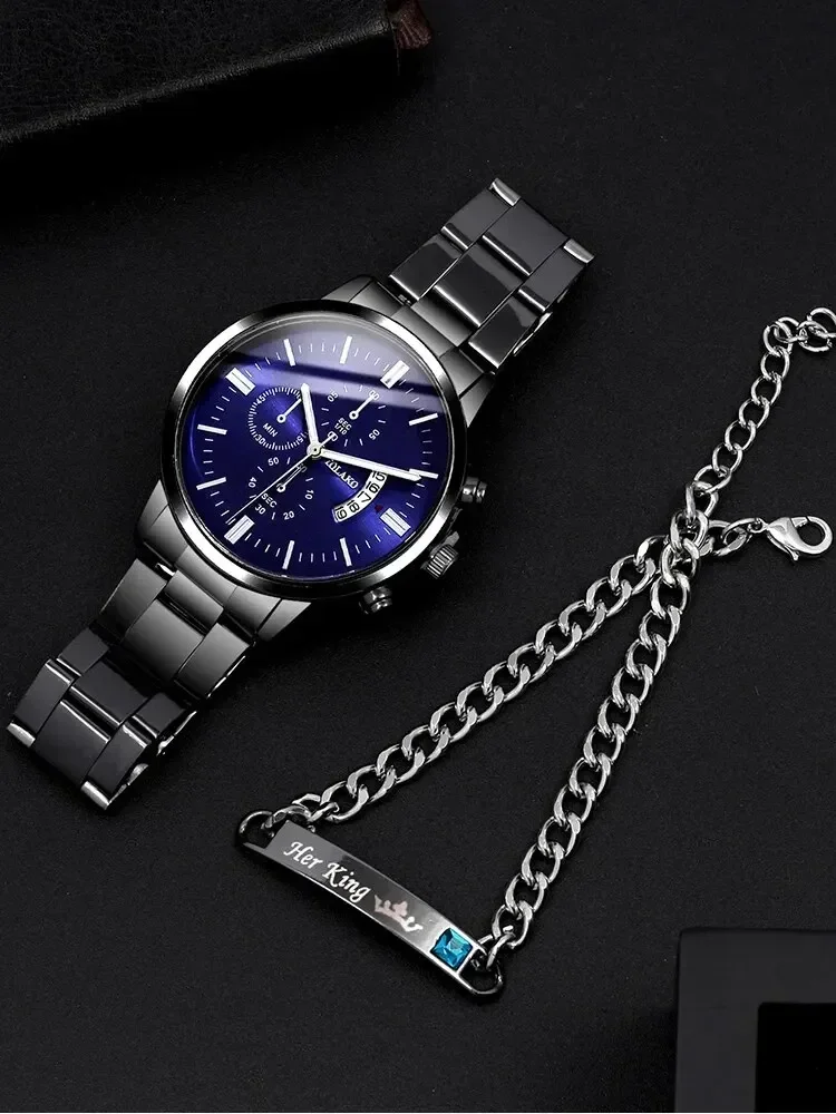 2PCs Men's Business Gentleman Steel Band Calendar Quartz Watch+Chain Bracelet Set Watch