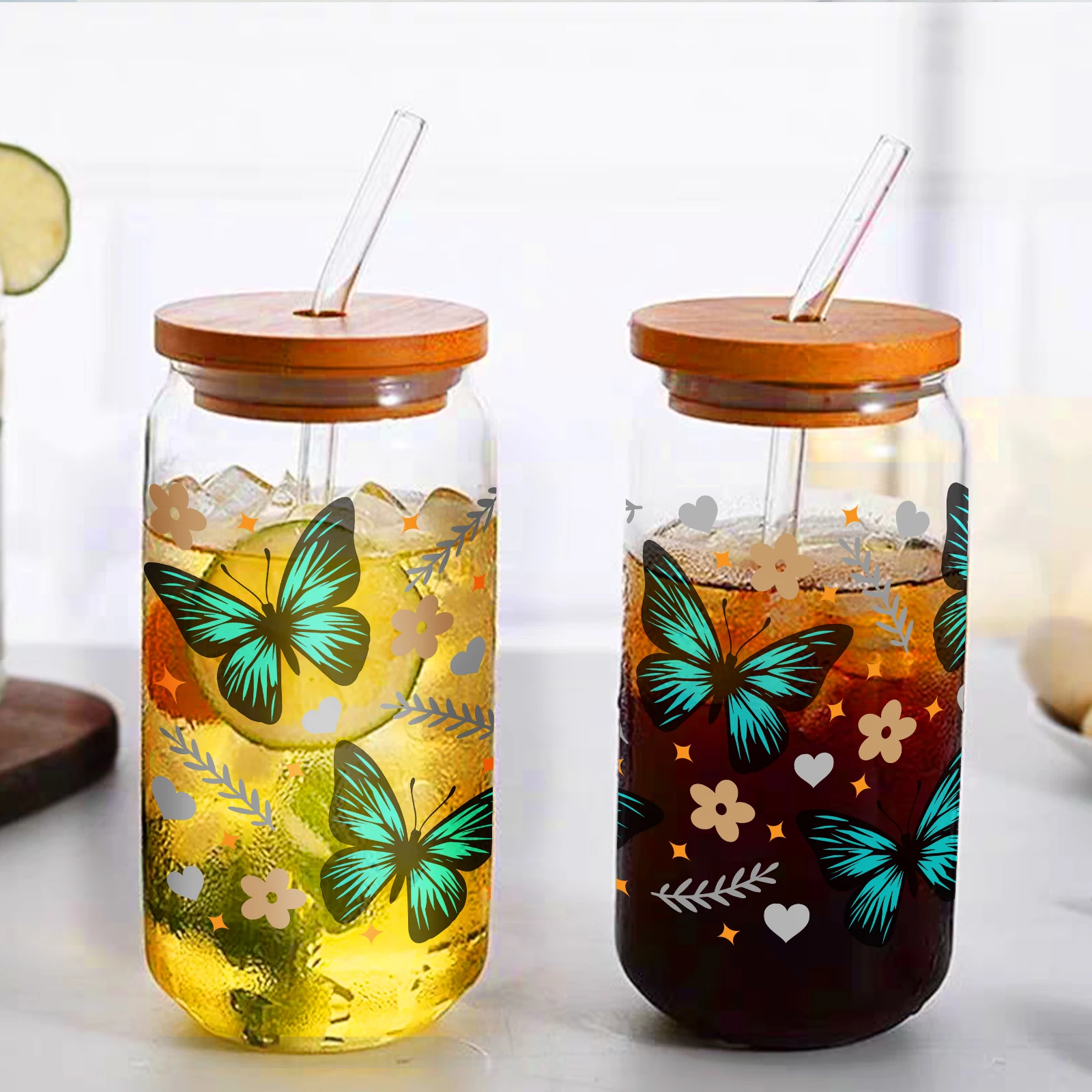 16oz Colorful Butterfly Sublimation Glass Can With Bamboo Lids&Straw Coffee Cup Glass Bottle Summer Winter Drinkware For Gifts