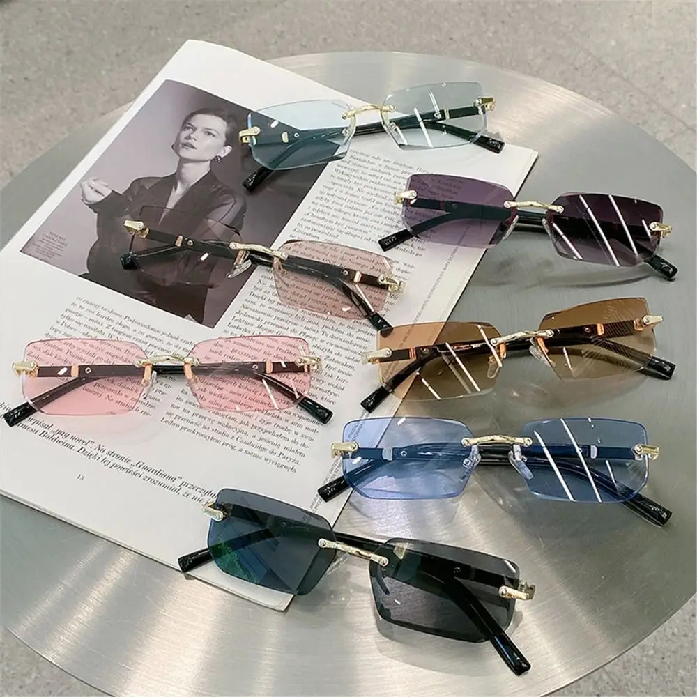 Rectangle Rimless Sunglasses Women Men Shades Fashion Popular Small Vintage Square Sun Glasses For Female Male Fishing Cycling