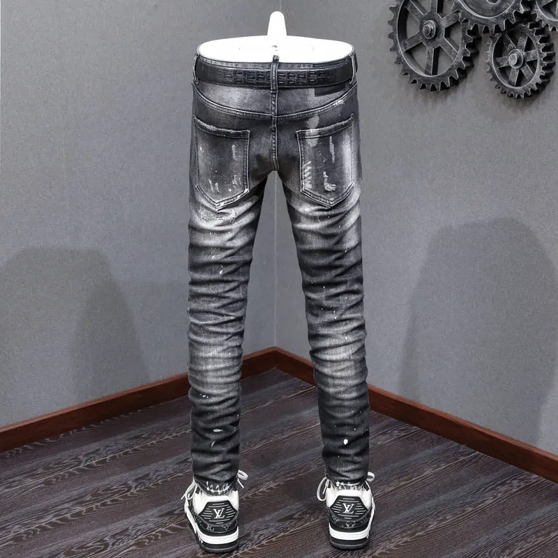 Designer High Street Fashion New Men's Jeans Stretch Slimming Water Washed Black Painted Jeans Hip Hop Brand Pants Hombre
