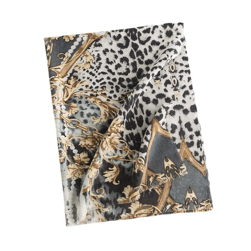 Bufanda con estampado de leopardo para mujer, bufanda cálida, moderna y versátil, estilo de lujo ligero, elegante, Europa y América, invierno, nuevo