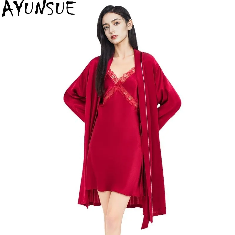 

AYUNSUE 100% Silk Sleeping Dresses for Woman 2 Pieces Set for Woman Outfit Luxury 2025 Red Dress Women Clothes Roupas Feminina