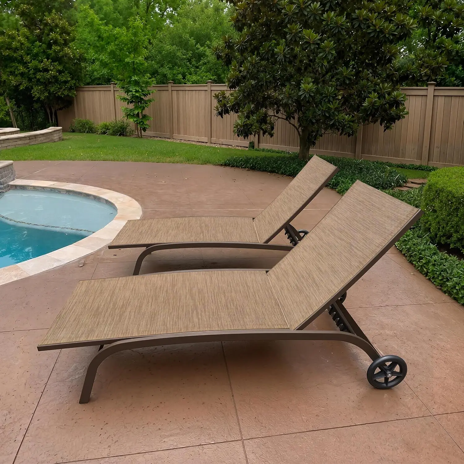 Pool Lounge Chairs with Wheels, Chaise Lounge Chairs Set of 2 (Brown) | 5-Position Adjustable Backrest, All Weather, Customized
