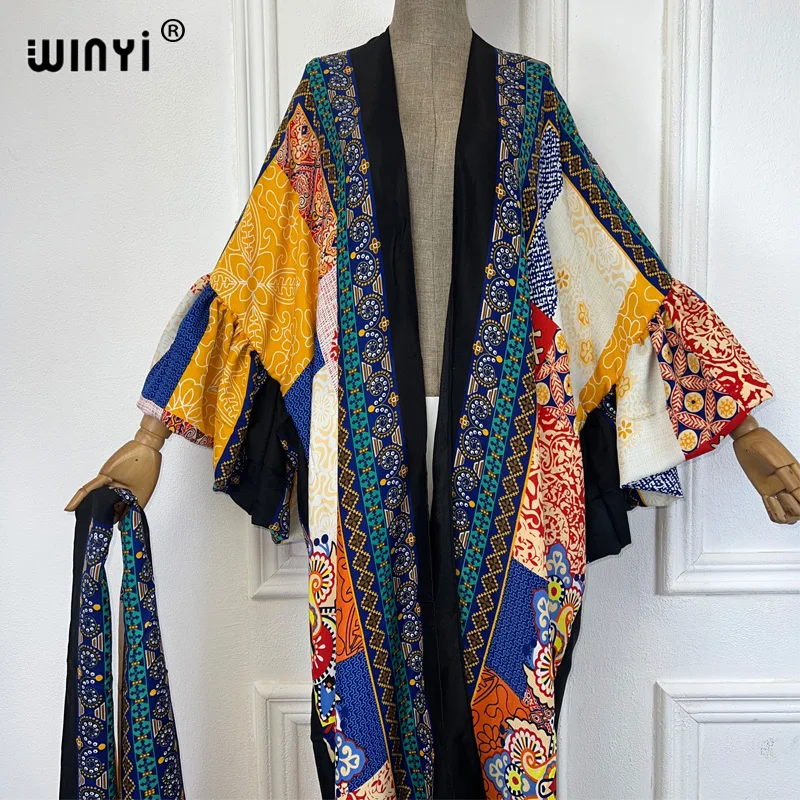 WINYI cotton feeling kimono print Self Belted dress Women Elegant holiday Bubble sleeve cardigan beach Wear Swim Suit cover up