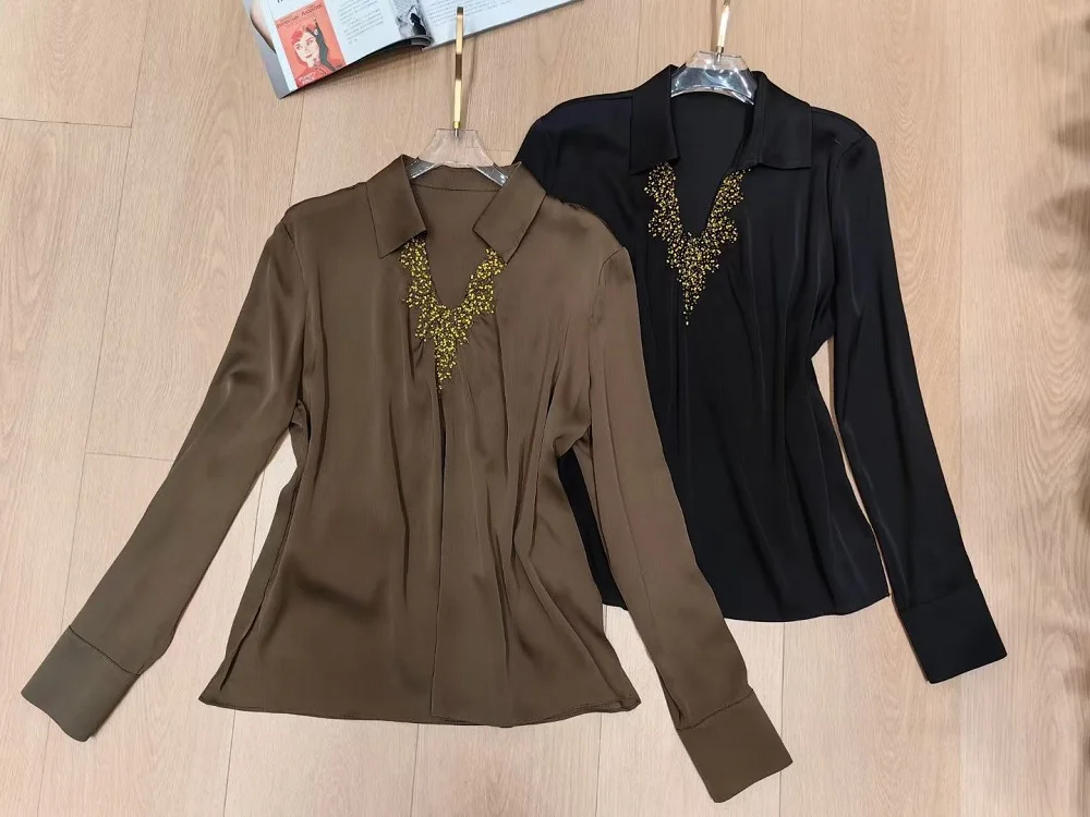 

100% шелковая блузка, рубашки, осень-зима 2021, модный стиль, женские топы с отложным воротником и бисером, с длинным рукавом, коричневые, черные женские топы