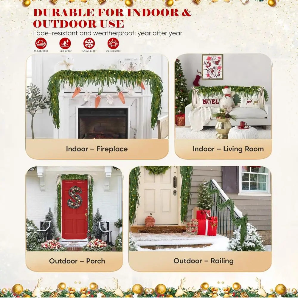 إكليل صنوبر واقعي لعيد الميلاد بطول 9 أقدام مع 100 مصباح، و120 فرع لدرج العطلات، والطاولة، وديكور الحائط