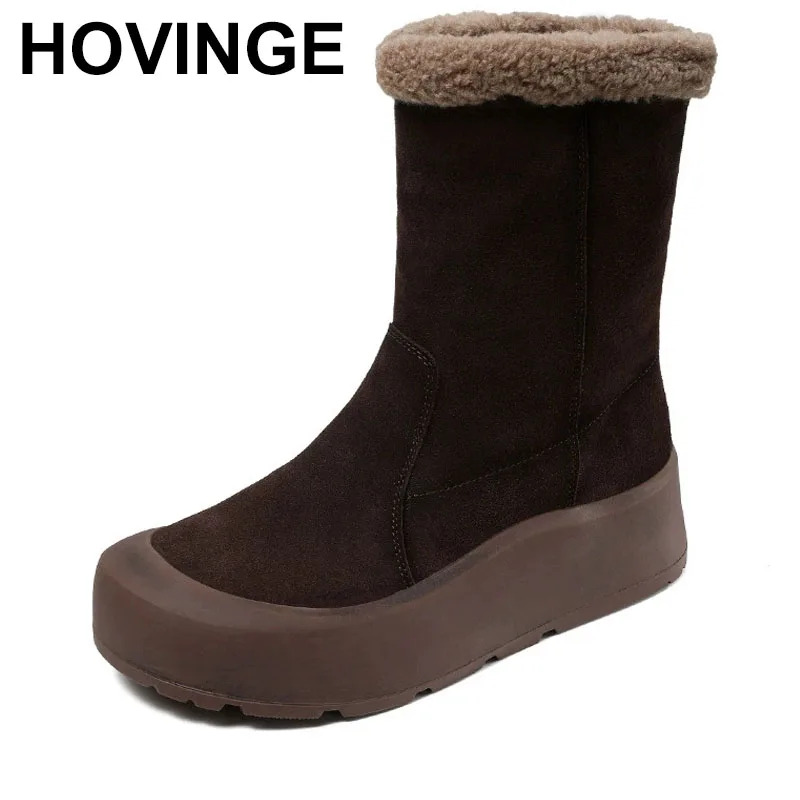 

Handmade Retro Winter Snow Boots For Women Quality Suede Leather Slip On Thick bottom Flat Platform Warm Mid Calf Boots