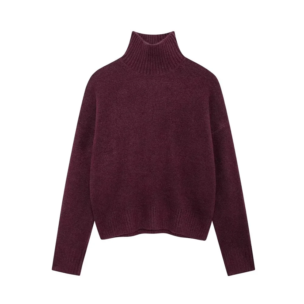 

Easy Match Basic Wine Red Color High Collar Long Sleeves Soft Textrue Women Casual Loose Pullover Knit Sweater New