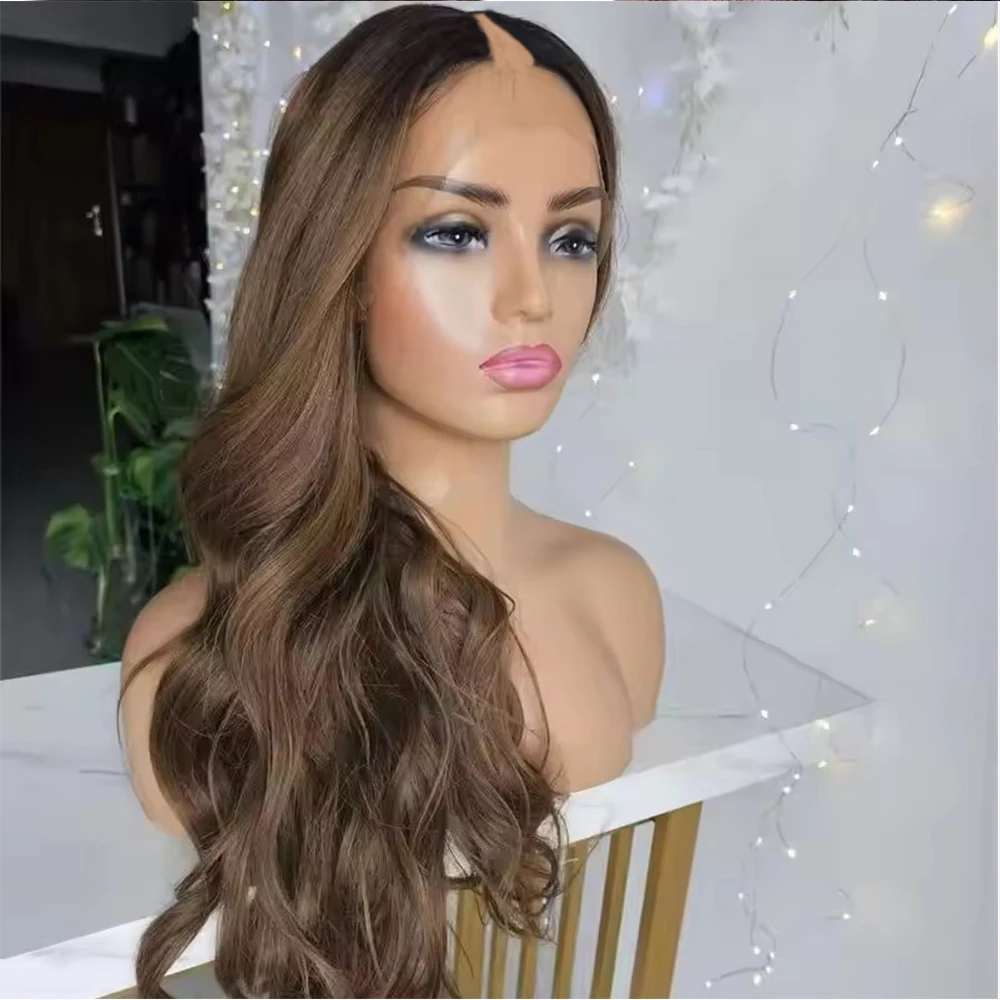 Highlight Caramel Brown Loose Wave V Part Wig Remy Human Hair Black Roots Body Wave U Shape Wigs with Clips&Combs for Women 250%