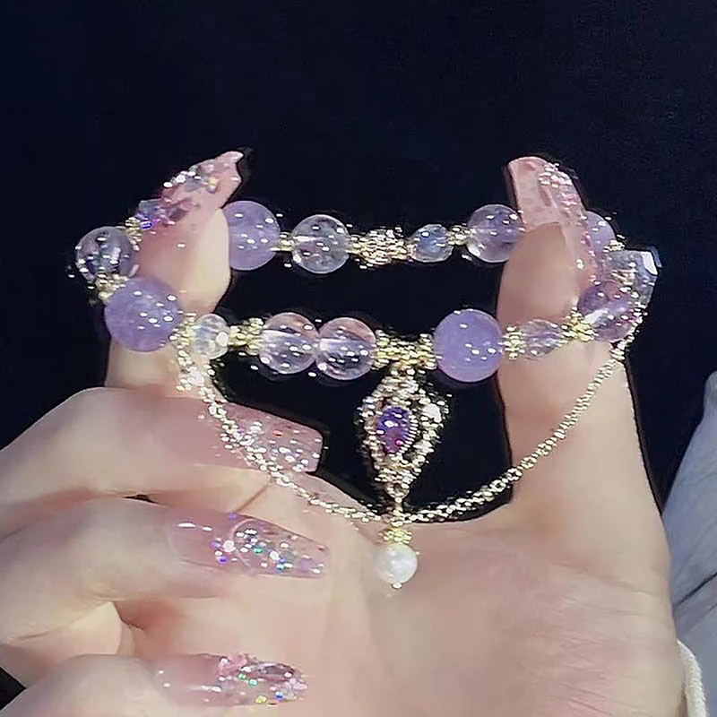 Chinese Style Light Luxury Purple Glass Crystal Beaded Bracelets For Women Tassel Pendant Bracelet Sweet All-match Wrist Jewelry