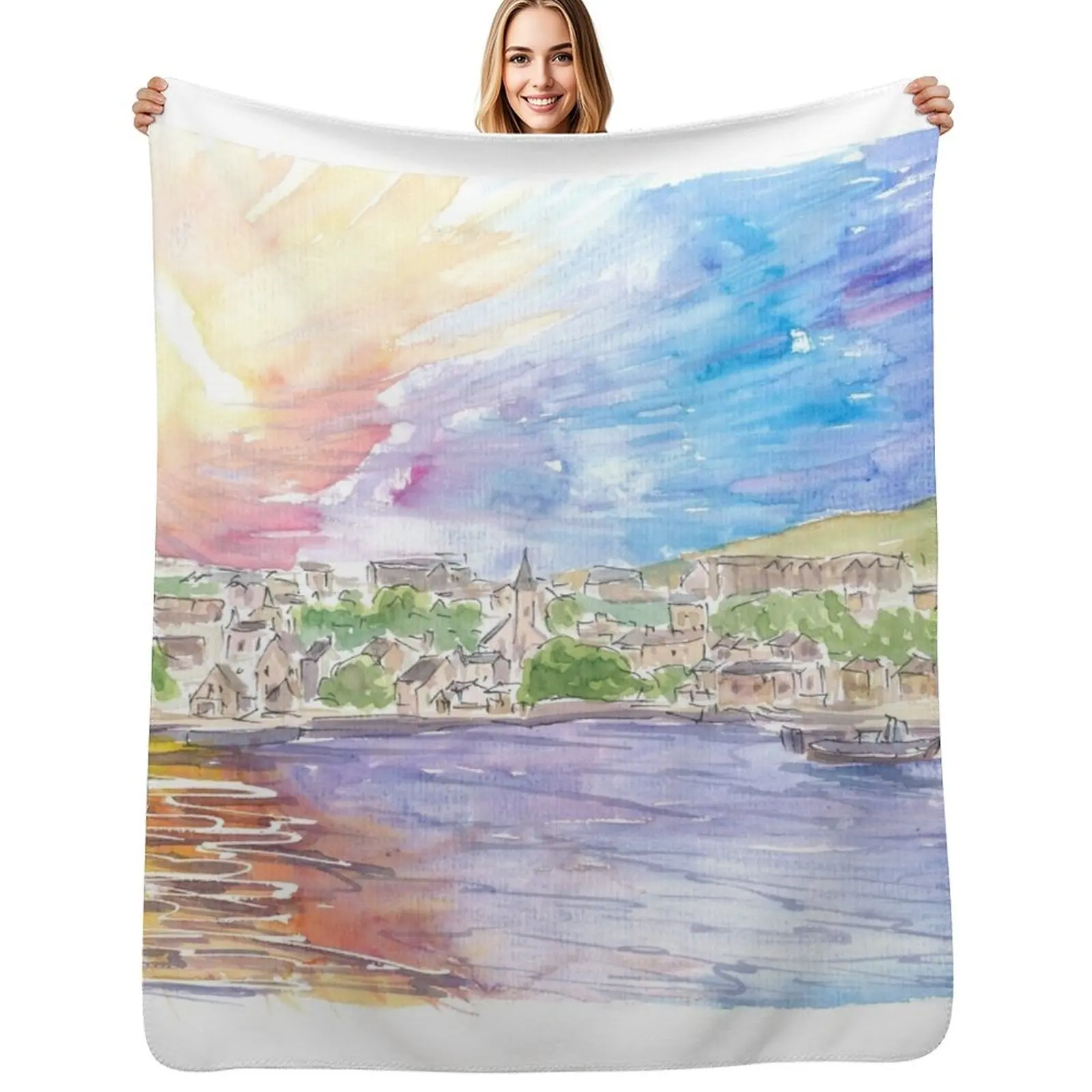Stromness Orkney Islands Astonishing Sun over Mainland Throw Blanket Couverture de canapé élégante pour la maison et le salon